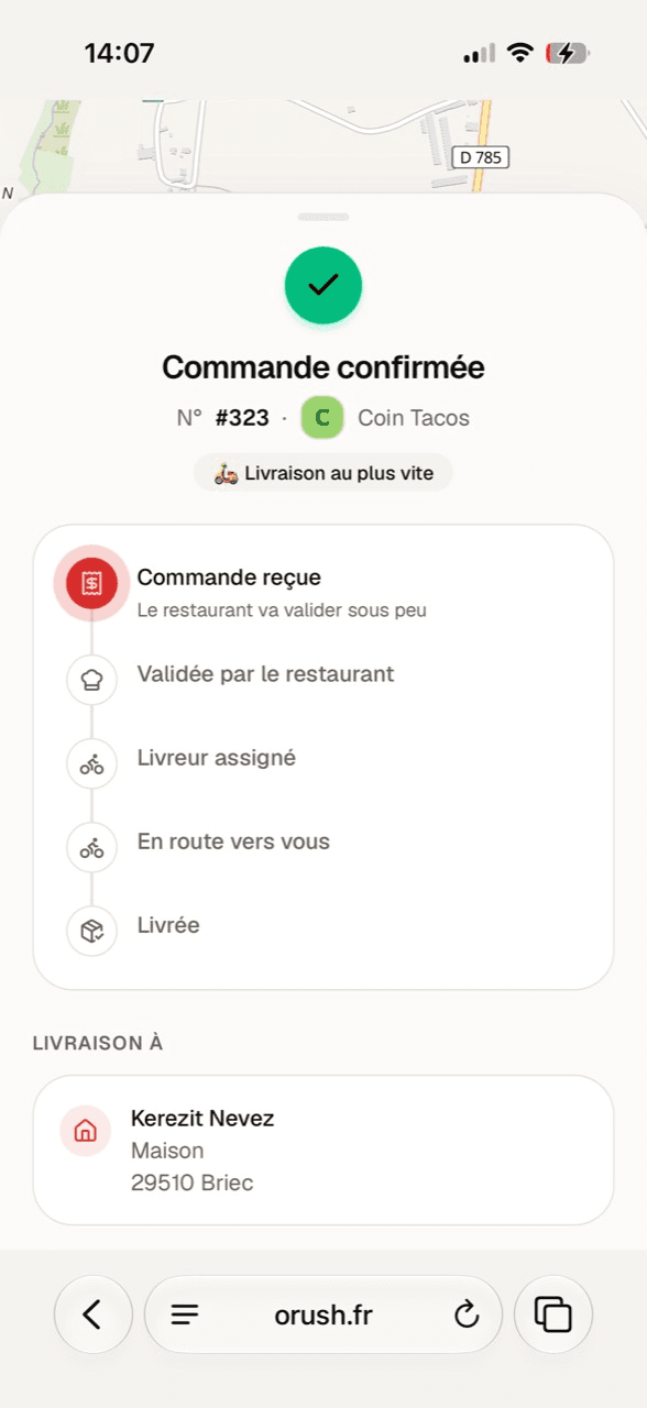 Aperçu du suivi de commande Orush