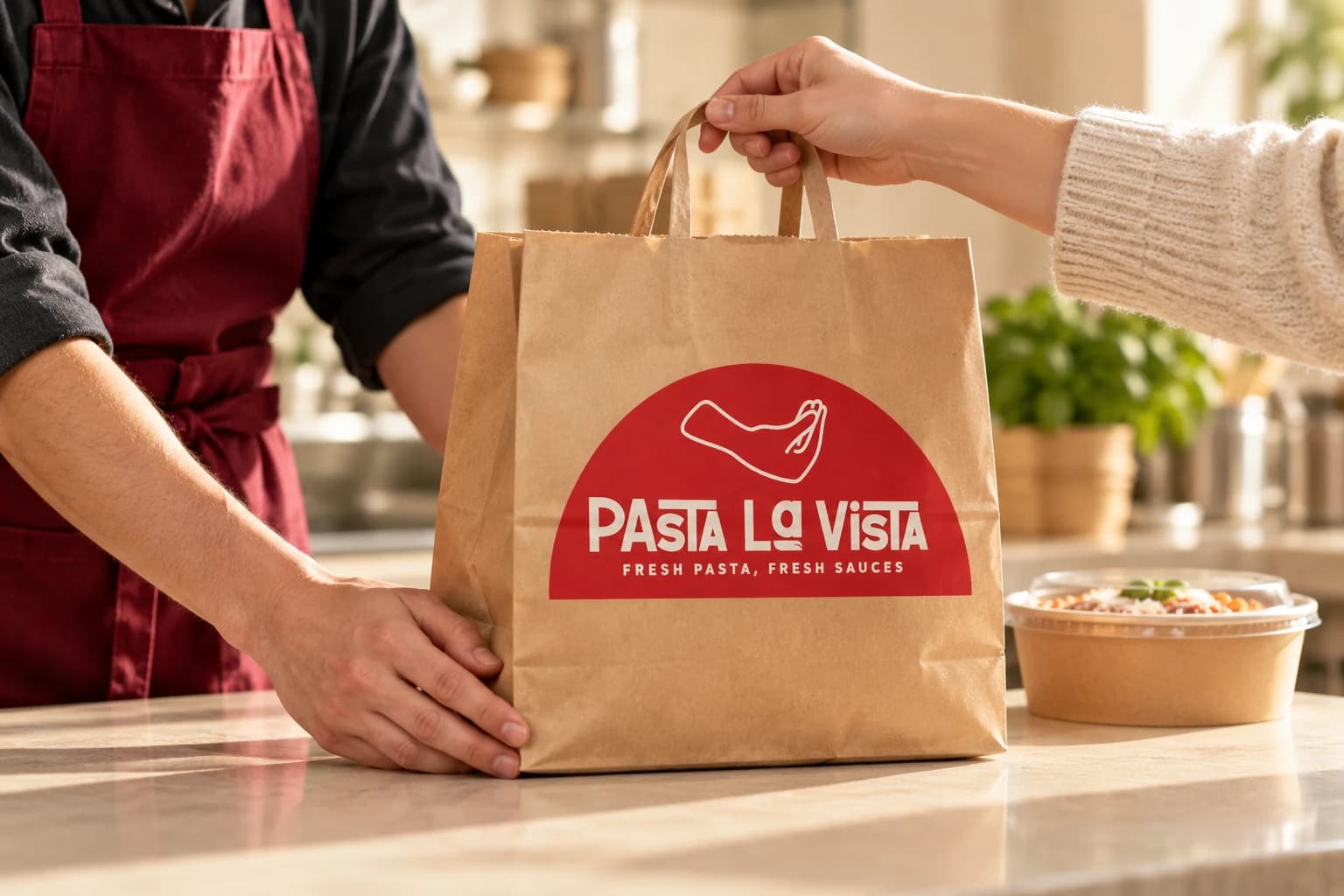 Mise en scène de présentation : remise d’un sac Pasta La Vista au client au comptoir